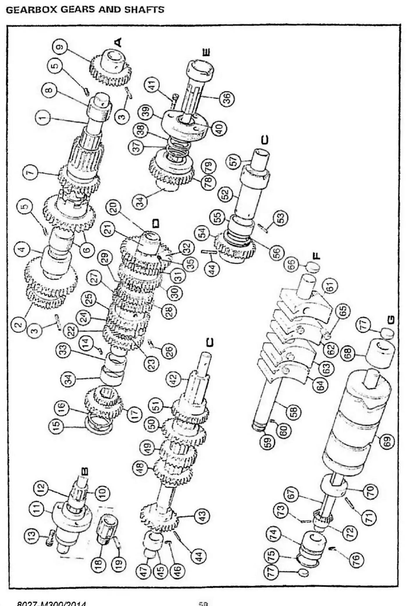 Harrison M300 gearbox gears and shafts exploded parts diagram